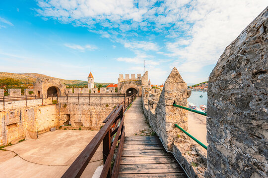 view of Trogir old town and the waterfront promenade from the walls of Kamerlengo Castle, UNESCO World Heritage site, Croatia.