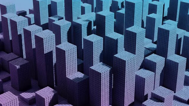 Abstract cityscape of tall rectangular blocks with gradient blue and purple lighting