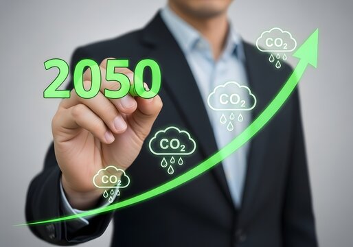 Businessman drawing a 2050 carbon emissions growth chart to represent climate change impact