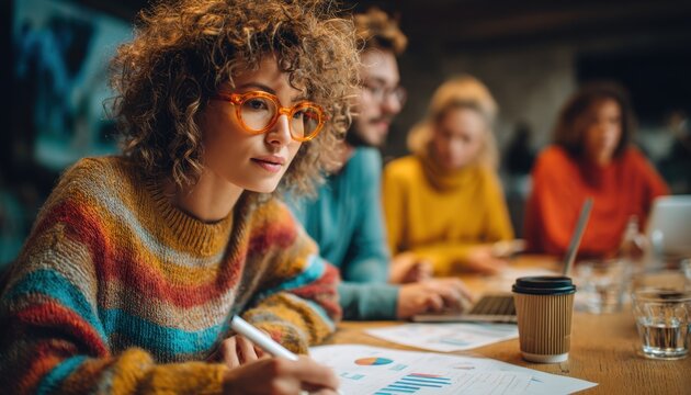 Close up view of four colleagues engaged in a business meeting at an office desk reviewing documents and charts