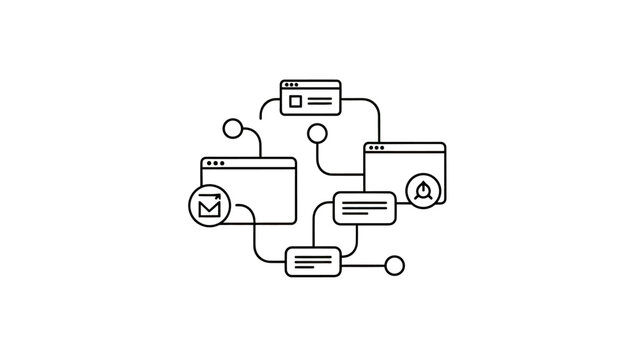 Minimalist graphic of interconnected web pages and data flow