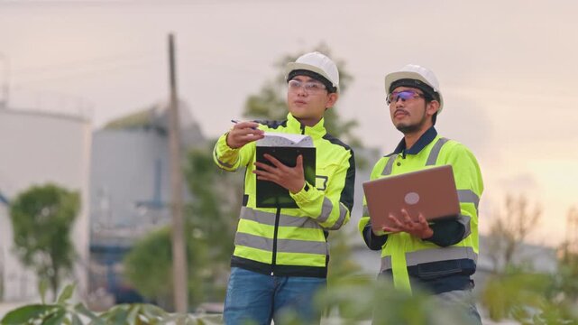 Skilled manufacturing team inspecting refinery infrastructure safety for advanced industrial development. Reliable infrastructure requires continuous monitoring and careful evaluation.