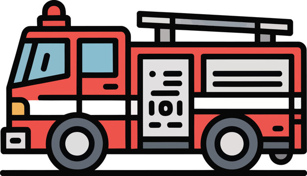 Flat of a red fire truck with a roof ladder, side compartments, and emergency light, isolated on a white background