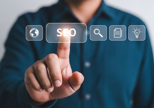 Close up of a person pressing a digital button for search engine optimization marketing tools
