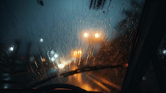 Rainy Night View Through Car Windshield with Blurred Lights