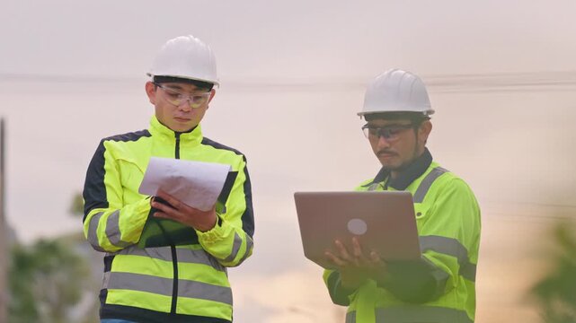 Industrial plant technicians planning energy strategy with clipboard during a beautiful sunset evening. Accurate documentation supports future architectural expansion goals.