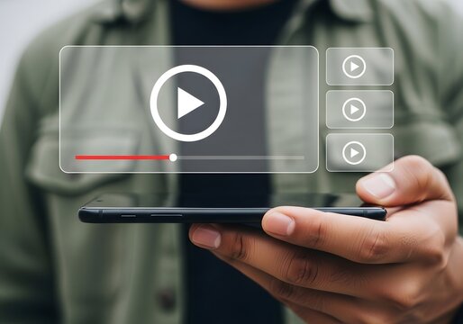 Hand holding a smartphone with a digital video player interface for media streaming content