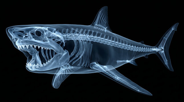 Detailed X-ray illustration of a shark skeleton showing intricate internal bone structure, powerful jaws, and sharp teeth against a dark black background.