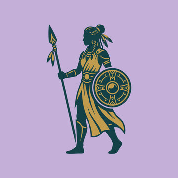 A silhouette of a female warrior holding a spear and shield