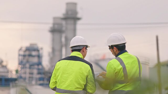 Skilled manufacturing team collaborating on technical site check outside the modern power station. Modern industries rely heavily on smart computerized systems. Superb diligence.