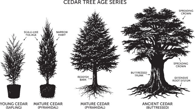 Black and white illustration showing the different growth stages of trees from sapling to mature tree with roots and foliage isolated on transparent background, Vector
