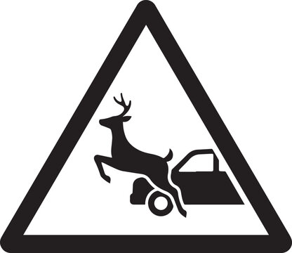 Car collision with deer warning sign during nighttime for auto insurance concept vector illustration