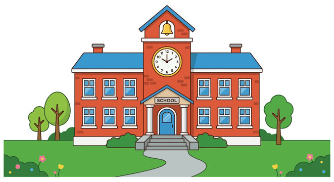 Red brick school building with a clock tower and blue accents a colorful vector illustration academy architecture