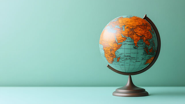 Vintage desk globe sitting on a clean blue and green minimalist surface