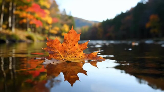 Single autumn leaf floats on calm water reflecting colourful trees