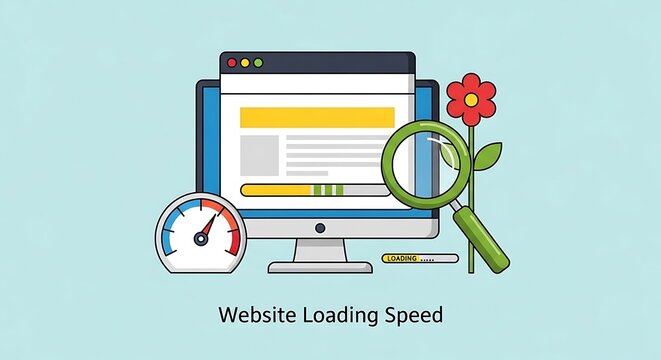 Website speed test on computer screen with speedometer and flower nearby