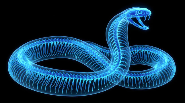 A stunning blue glowing 3D render of a coiled cobra snake skeleton with its mouth open showing fangs and spinal vertebrae