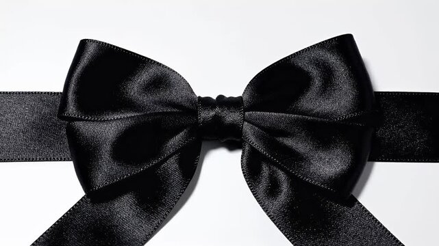 A detailed close-up studio shot of a shiny black satin ribbon tied into a bow