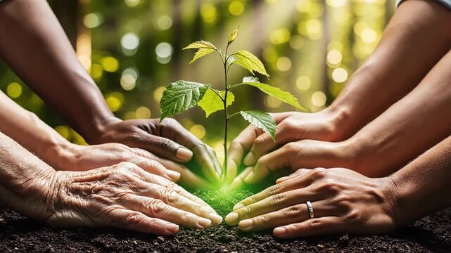 Diverse hands planting a new sapling, symbolizing growth and environmental care in a forest.