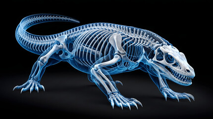Naklejka premium Detailed X-ray style skeletal structure of a monitor lizard or Komodo dragon showing skull, spine, ribs, and limbs on black background.
