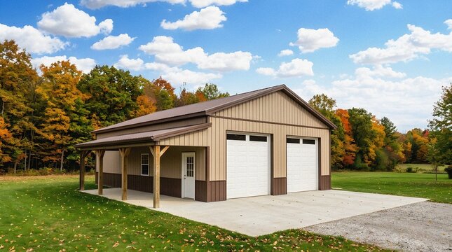 Modern metal garage building with lean-to porch in colorful autumn landscape