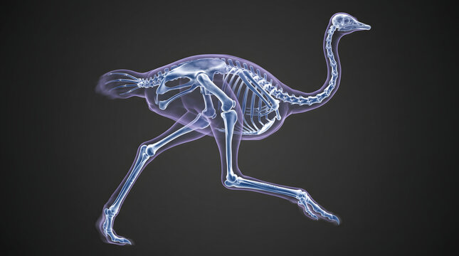 X-ray anatomical view of an ostrich in a running pose, showing detailed skeletal structure, bones, and translucent body outline on a dark background.