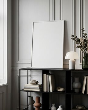 Blank white frame mockup leaning on black grid shelf in classic paneled room