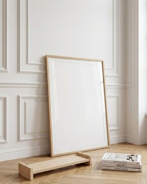 Blank wood frame mockup leaning on wood floor against classic white paneled wall