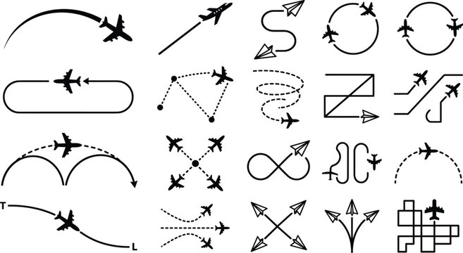 Airplane flight path and travel route icon collection with aviation navigation arrows and vector trajectory symbols