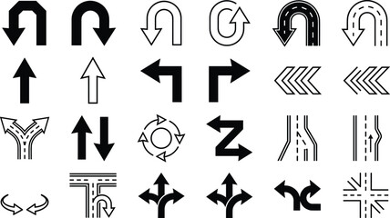 Directional arrow and road navigation icon collection with turn indicators route guidance and traffic vector symbols © Prodip