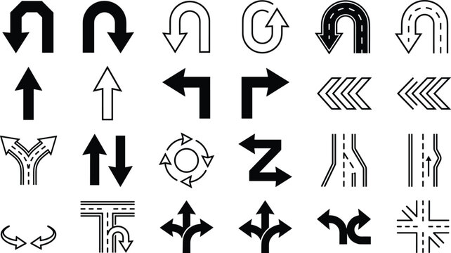 Directional arrow and road navigation icon collection with turn indicators route guidance and traffic vector symbols