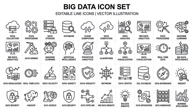 The big data icon set illustrates various technology and business concepts through editable line icons.