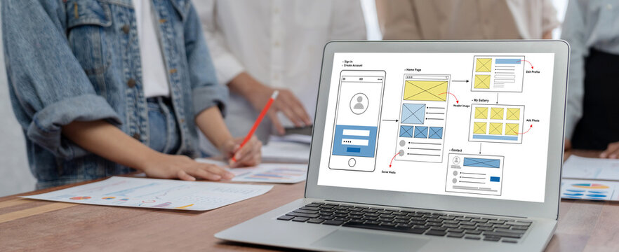 UX UI design process for brisk mobile application and website. Creative prototype of wireframe for professional app developer.