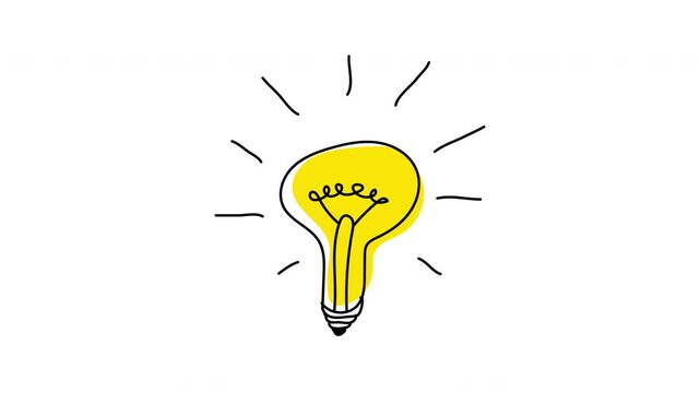 Idea light bulb animation with line doodle cartoon flat style. Doodle hand drawn idea lamp bulb animation. Light bulb animation. Concept of inspiration, idea and creativity