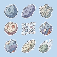 Cartoon asteroid and meteorite sticker set on blue background © Massey