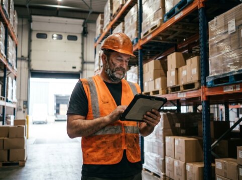 Warehouse worker performing inventory cycle count audit using digital tablet