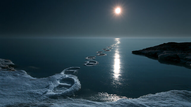 calm ocean moonlight reflection dark water peaceful night seascape landscape nature beauty serene tranquil horizon concept