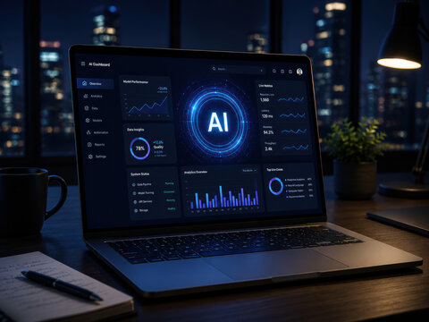 Laptop showing artificial intelligence dashboard with data charts at night in office