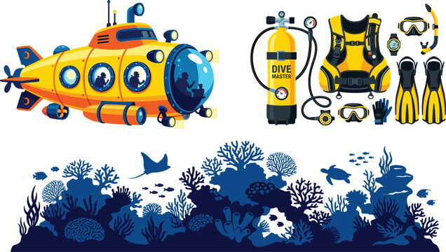 Scuba Diving and Deep Sea Exploration Vector Set with Yellow Submarine, Professional Dive Master Equipment, and Detailed Ocean Coral Reef Silhouette Border Elements