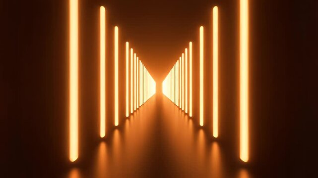 Dimly lit, perspective tunnel formed by evenly spaced glowing orange vertical lines