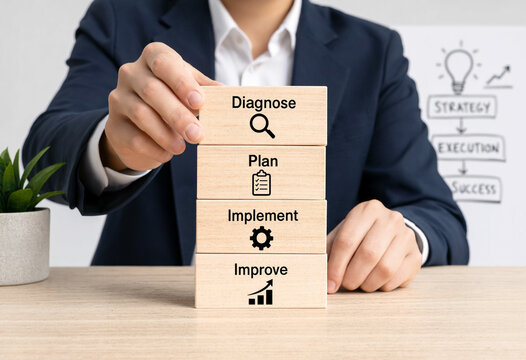 Businessman placing wooden blocks with words diagnose plan implement improve and icons on table transparent background