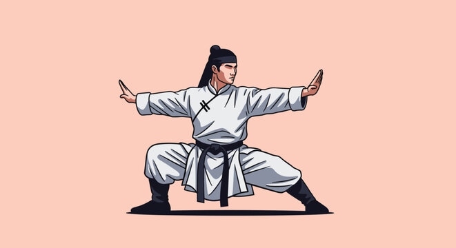 Skilled martial artist wearing a traditional white uniform and black belt performs a disciplined fighting stance or kata.