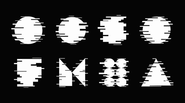 Distorted letter and circular shapes display a glitch effect presented as white silhouettes on black abstract alphanumeric arrangement collection communication computer