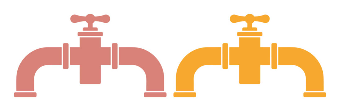 Two water tap icons, a pair of simple faucet vector illustrations in flat style, plumbing fixture graphics for household and industrial use, isolated on white background.