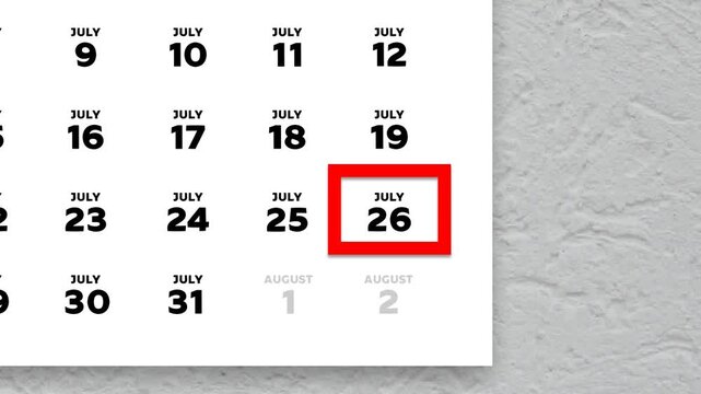 Red cursor highlighting July 26th on a 2026 wall calendar page