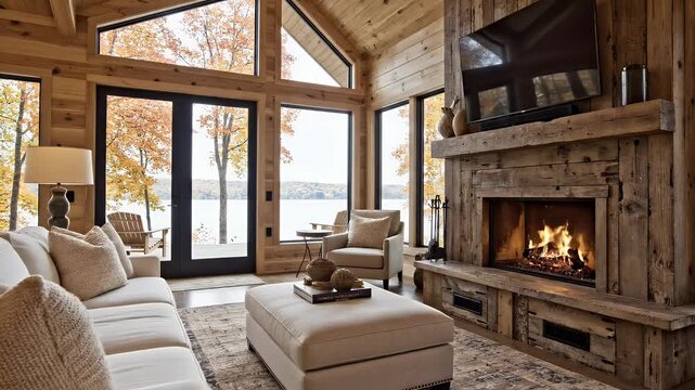 Cozy lodge living room with fireplace, lake view and autumn foliage