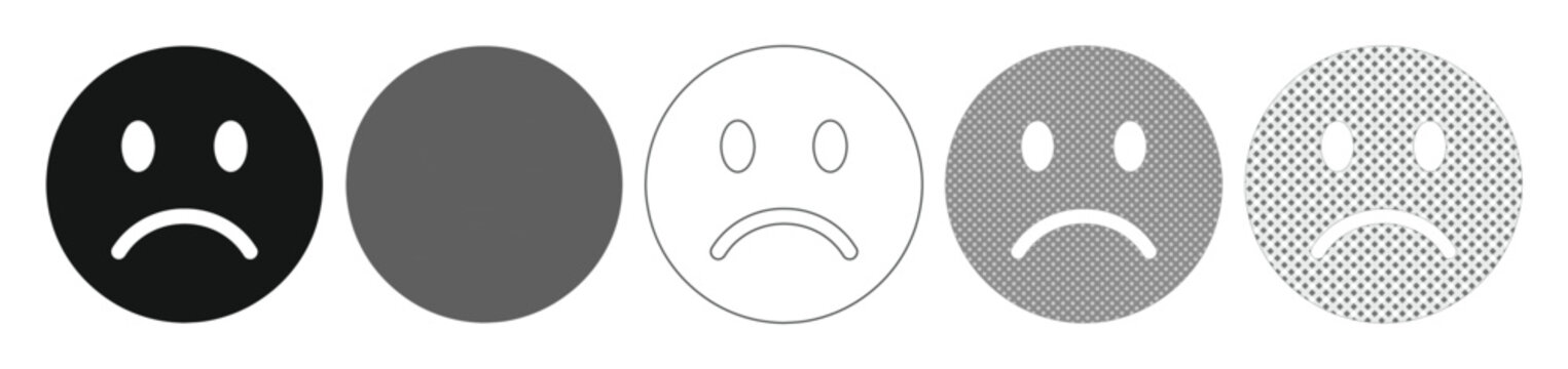 Sad Face Emoticon Set, five black and gray vector icons depicting negative emotions, user feedback, and customer dissatisfaction. Simple, modern graphic elements for UI/UX design.