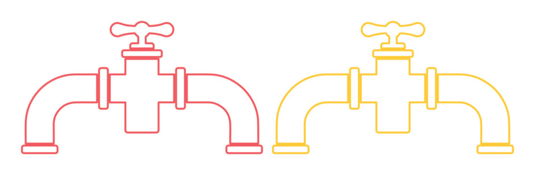 Minimalist Faucet Vector Icon Set, Two Outline Water Taps in Red and Yellow, Plumbing Fixture Graphic for Web and App Design, Simple Water Supply Symbol