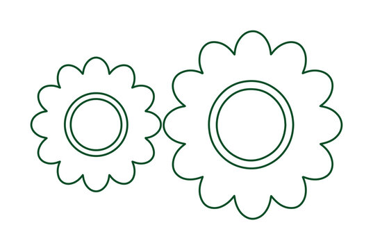 Two green outline flower gears, interconnected floral cogwheels, whimsical mechanical elements, vector illustration for creative projects and design.