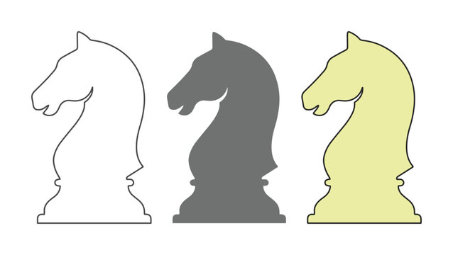 Chess knight vector set, three distinct horse head silhouettes, strategic game piece illustration, isolated graphic elements for design projects